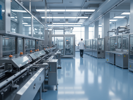 现代化生产车间，整齐排列的流水线，工人操作精密设备，洁净生产环境