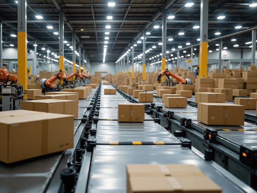 仓储物流中心，自动化分拣设备，整齐堆放的产品，高效的物流管理