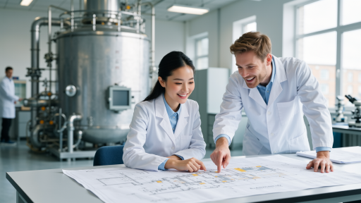 研发团队工作场景，工程师讨论技术方案，实验室设备齐全，专注研发氛围