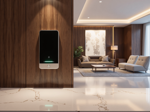 智能门锁设备，金属材质，指纹识别模块，数字键盘，现代家居安全防护