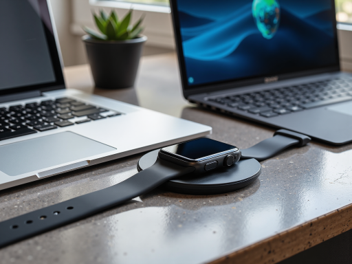 无线充电器，圆形设计，黑色表面，LED指示灯，防滑底座